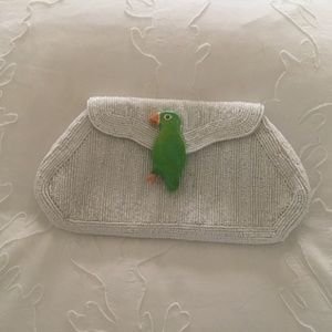 White beaded Green Bird clutch NWT